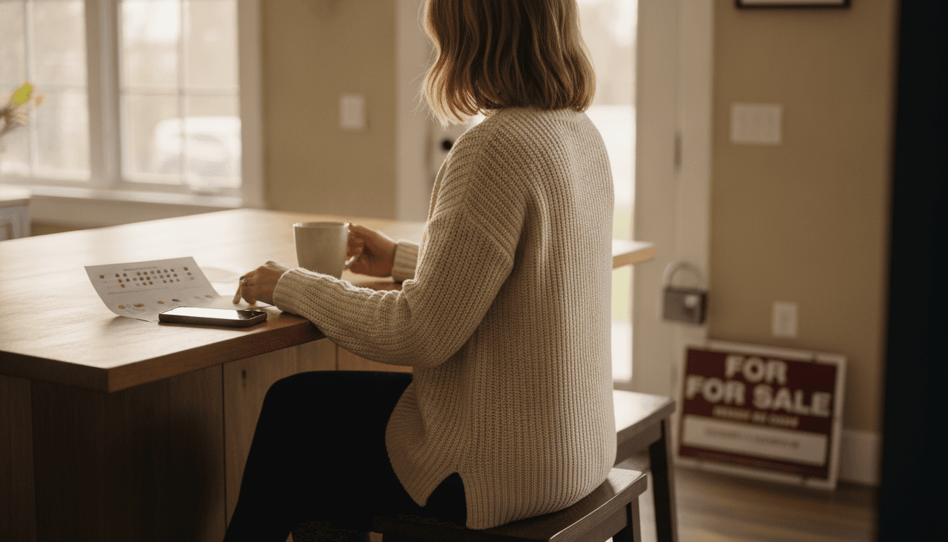 agent at kitchen-table office reviewing a printed plan, phone face-down, morning light