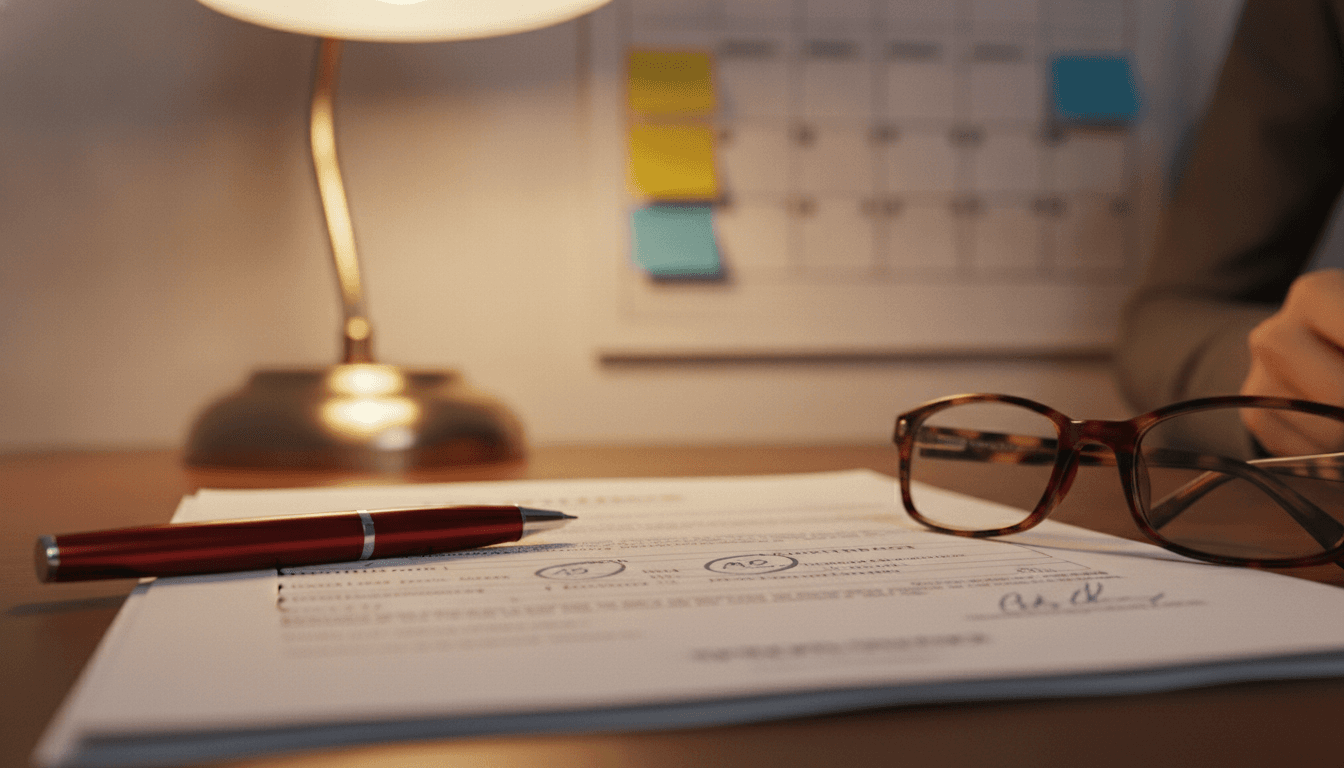 close on a paper contract with dates circled, wall calendar defocused behind