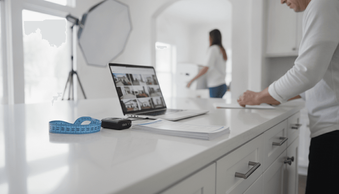 laptop on a staging-day kitchen counter, listing photos on screen softly defocused, measuring tape and lockbox beside it