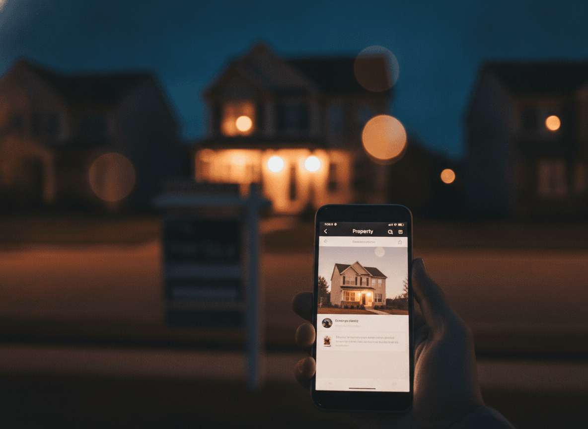 phone in a hand at night showing a property page, porch light bokeh behind
