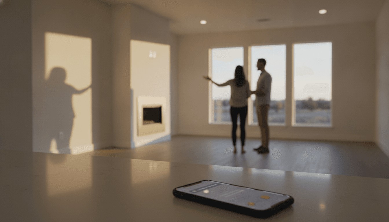 agent mid-showing in an empty staged home glancing at a watch, phone in pocket