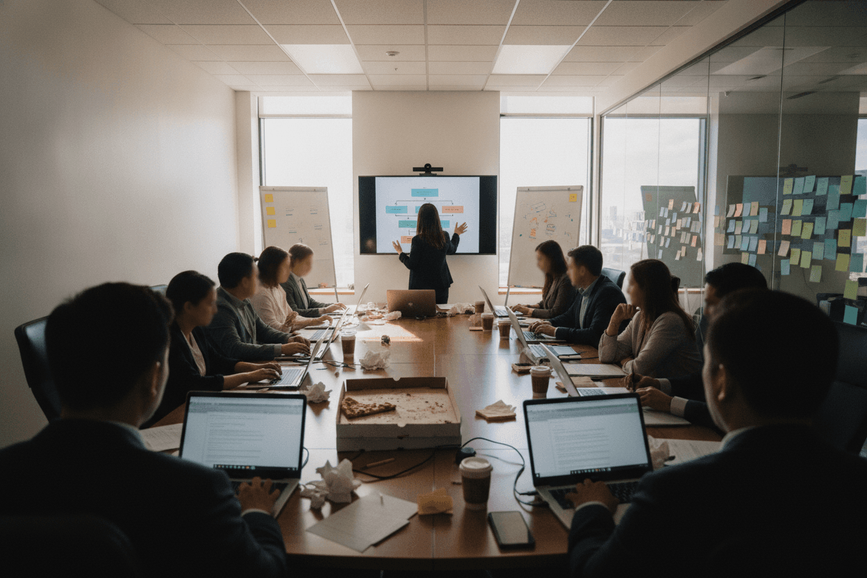 brokerage conference room, agents with laptops, whiteboard with indistinct flow, pizza boxes